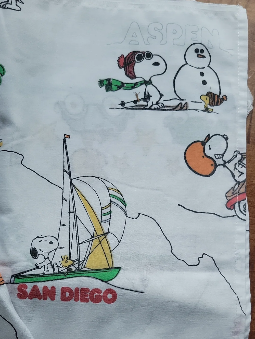 Vintage 1970s Peanuts See America With Snoopy Twin Flat Sheet Tastemaker,Bright